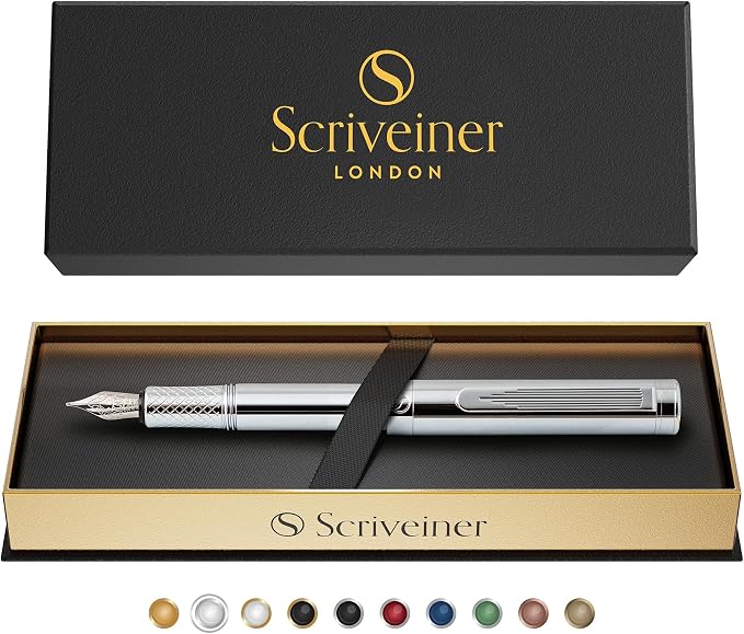 Scriveiner Silver Chrome Fountain Pen (Medium), Award Winning Luxury Pen, Heavy Pocket Pen, Chrome Finish, Schmidt Nib, Converter, Best EDC Writing Pen Gift Set for Men & Women, Nice Office Fancy Pen