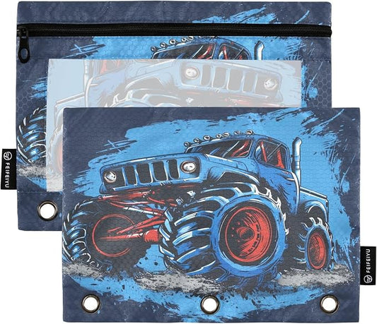 Racing Monster Truck Blue Cartoon Pencil Pouch for 3 Ring Binder 2 Pack Zipper Binder Pencil Bag Case with Clear Window Office Supplies