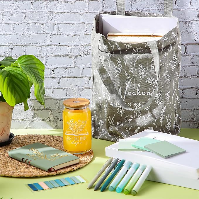 Havawish 14 Pcs Book Lovers Gift for Women 16 oz Glass Cup Tote Bag A6 Journal Notebook Pens Highlighters Sticky Notes Back to School Teacher Librarian Bookish Book Club(Light Green,White Flowers)