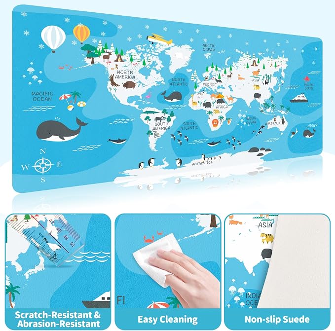 Kids World Map Desk Mat PU Leather Study Pad, 34.5"x15.7" | Non-Slip Waterproof Desk Pad for Boys & Girls, Learning Geography Study Mat, School Desk Protector, Gift for Children