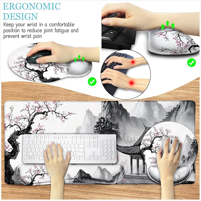LIMKRIAN Japanese Ergonomic Mouse Pad Set, Large Desk Matt for Desktop | Mousepad Gel Wrist Rest, Memory Foam Keyboard Wrist Support, Gaming Computer Mat, Coaster, Anime Office Desk Accessories