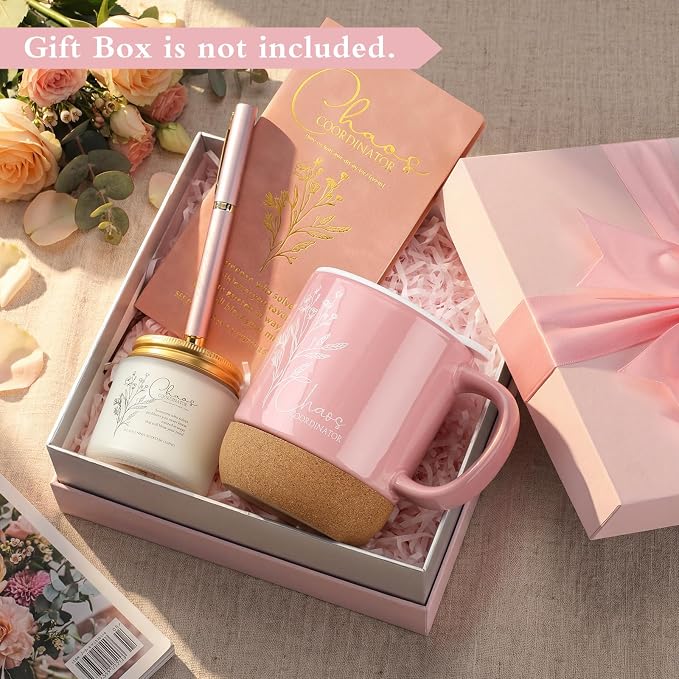 Sayglossy 4 Pcs Pink Chaos Coordinator Gift Set Back to School Gift for Teachers Women Men Notebook Coffee Mug Scented Candle Ballpoint Pen for Teacher Assistant Principal Class School Staff Coworker