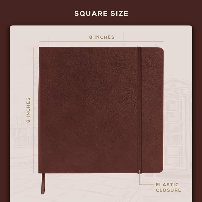 Beechmore Books Square Mixed Media Sketchbook - 8"x8" Inch Professional Art Journal, 160 GSM / 98 lb Ivory Paper, Perforated Pages, Vegan Leather Hardcover, Lay-Flat Design for Drawing & Doodling