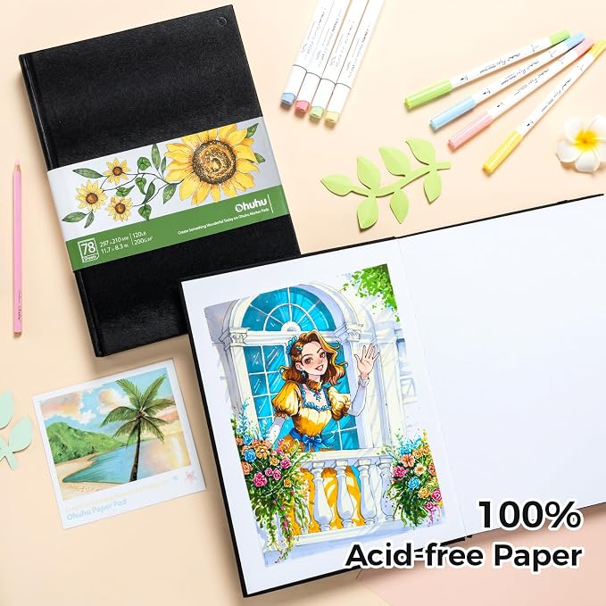 Ohuhu Sketchbook Marker Paper Pad: 8.3"x11.7" Large Art Sketch Book Drawing Papers 78 Sheets/156 Pages 120 LB/200 GSM Hardcover Sketching Books for Alcohol Markers Sketchpad Christmas Gift