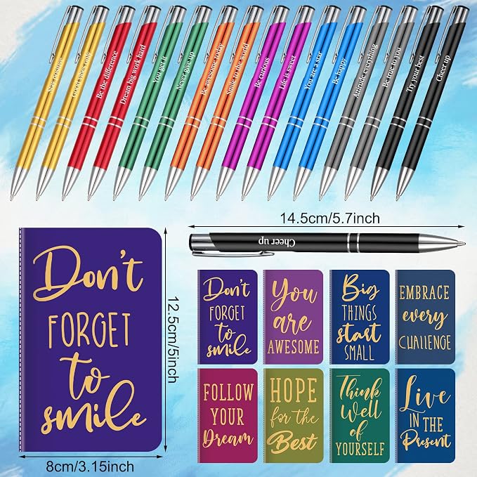 Funrous 32 Pcs Motivational Quote Pens Inspirational Notepads Mini Journal with Ballpoint Pen Small Notebooks Gift for Men Women Coworker Adult Party Favors Prize Teacher Student Office(Simple)