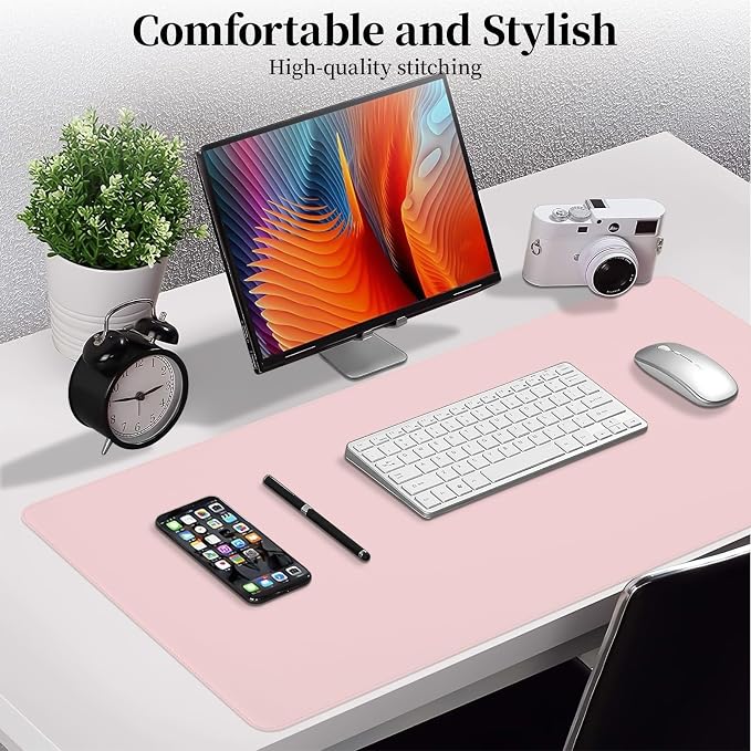 Pink Leather Desk Mat Large Mouse Pad, Waterproof Desk Pad for Keyboard and Mouse, Non-Slip Computer Desk Protector, Smooth Mouse Movement Desk Mat for Home and Office(31.5"×15.7")