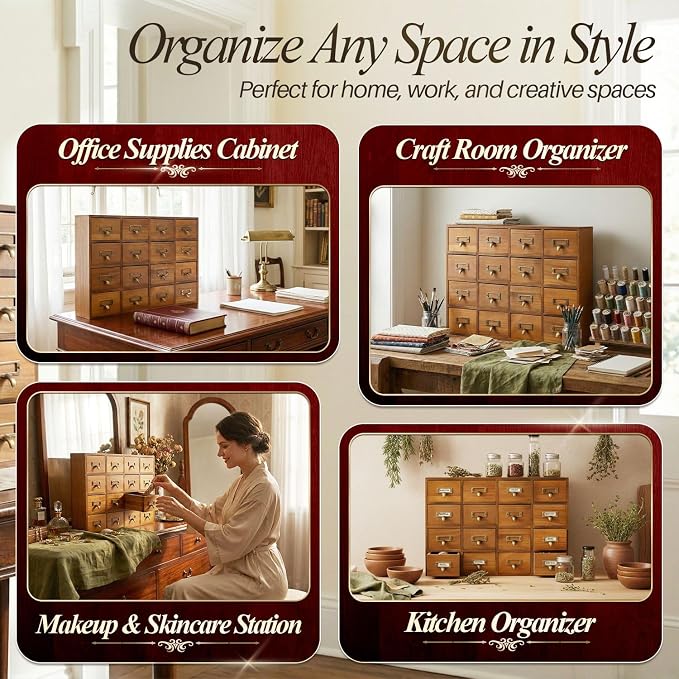 Flexzion Apothecary Cabinet with Drawers - 16 Vintage Drawers, Card Catalog Cabinet, Brown Wooden Tabletop Desktop Organizer for Home Office, Jewelry, Makeup, Tools & Small Item Storage