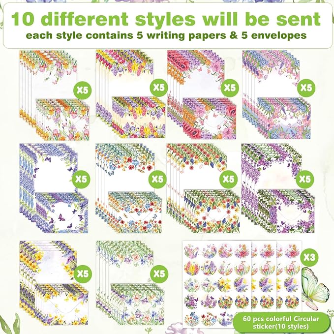 160 Pcs Stationery Paper Envelopes Set Includes 50 Writing Paper & 50 Envelopes with 60 Round Stickers, Cute Lovely Floral Letter Writing and Stationery Paper Envelopes for Girls Boy Office(10Style)