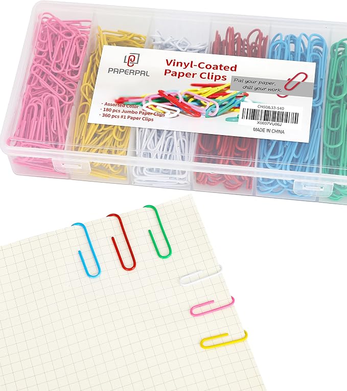 PAPERPAL Paper Clips, 2 in (50 mm) & 1-2/7 in (33 mm), 540, Assorted Colors | Vinyl-coated large and medium paper clips for office, school and personal use; 180 jumbo, 360 #1, 6-compartment box.