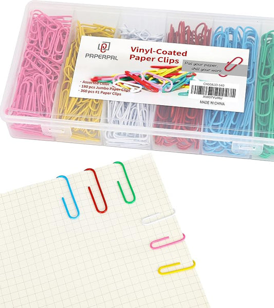 PAPERPAL Paper Clips, 2 in (50 mm) & 1-2/7 in (33 mm), 540, Assorted Colors | Vinyl-coated large and medium paper clips for office, school and personal use; 180 jumbo, 360 #1, 6-compartment box.