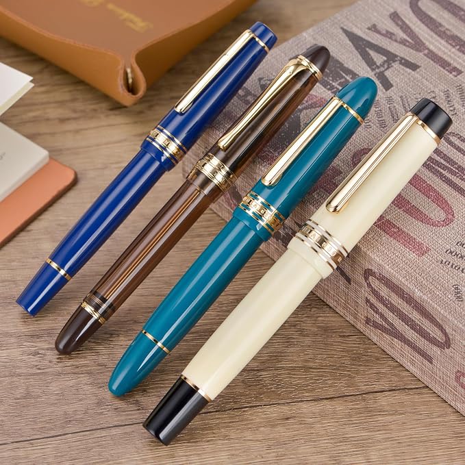 Wikult Yongsheng Junlai 930 Acrylic Fountain Pen, Size 9 Fine Nib with Piston Filling System, Ivory White Fence Ink Tank with Flat Top Design Smooth Writing Pen (Gold Trim)