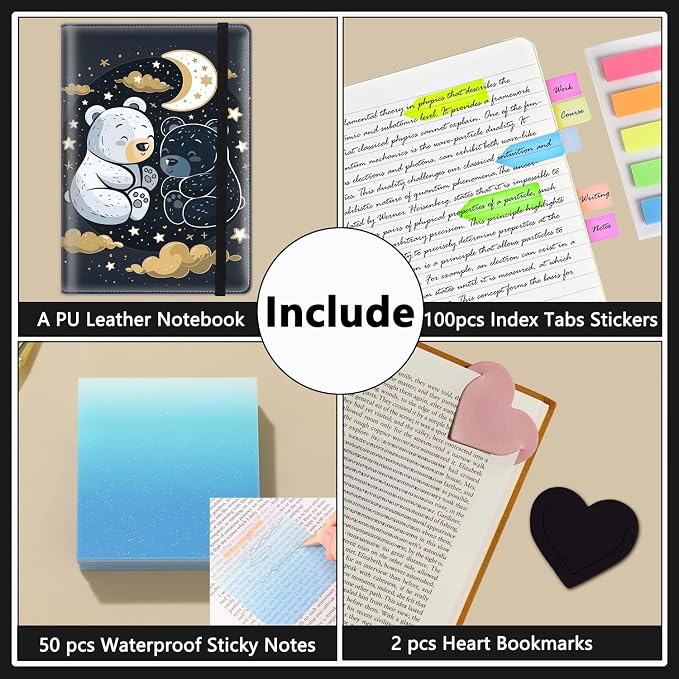A5 Leather Lined Journal Notebook, 200 Pages Hardcover Executive Notebook for Men Women Office School Note Taking, Thick Writing Paper Daily Journal with Bookmarks/Indexes,Cute Bear
