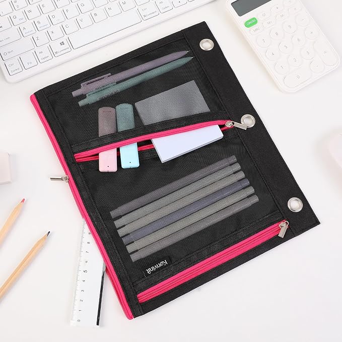 KONVINIT Pencil Pouch for 3 Ring Binder, Black Zipper Binder Pencil Pouch | Zipper Pencil Pouches, Durable Cloth Pencil Case With 3 Pockets, Mesh Window Pencil Bag With Supplies, Cables, Makeup