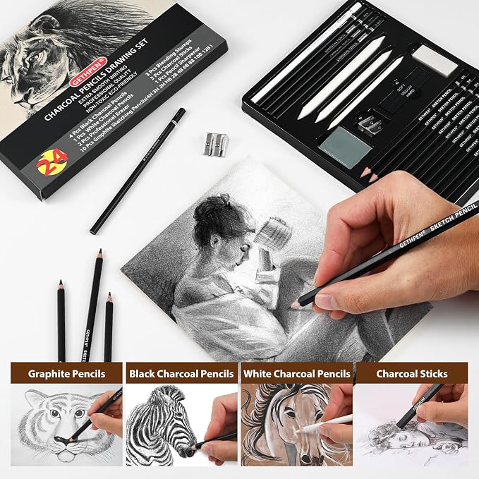 GETHPEN Drawing Sketching Pencil Set,Graphite 12B-4H Charcoal Pencils,24Pcs | Sketch Drawing Kit, Black and White Charcoal Pencils,Stumps,Eraser,Sharpeners, Sketching, Shading, Artist Charcoal Supplies