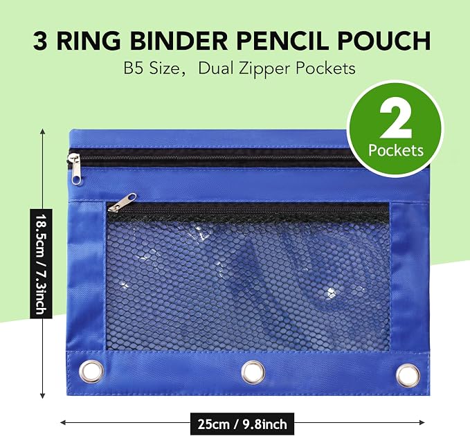 Pencil Pouch for 3 Ring Binder, Heavy Duty Canvas Dual Zipper Pen Bag with Clear Window, Smooth Metal Zipper, Fit Standard 3-Ring Binders for School Office Travel Supplies (Blue)