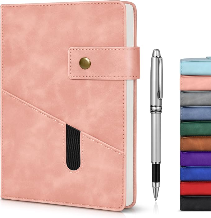 Lined Journal Notebook with Pen, A5 Personalized Hardcover Leather Journal for Men Women, 200 Pages 100 GSM Thick Paper College Ruled Notebooks for Work Travel School Writing Diary 5.9" X 8.4" Pink