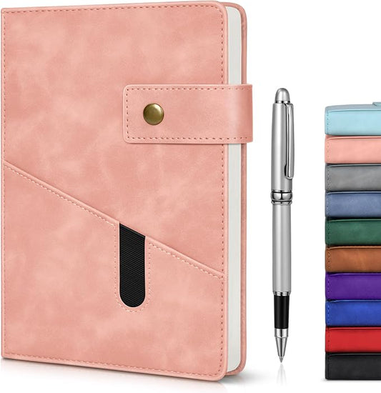 Lined Journal Notebook with Pen, A5 Personalized Hardcover Leather Journal for Men Women, 200 Pages 100 GSM Thick Paper College Ruled Notebooks for Work Travel School Writing Diary 5.9" X 8.4" Pink
