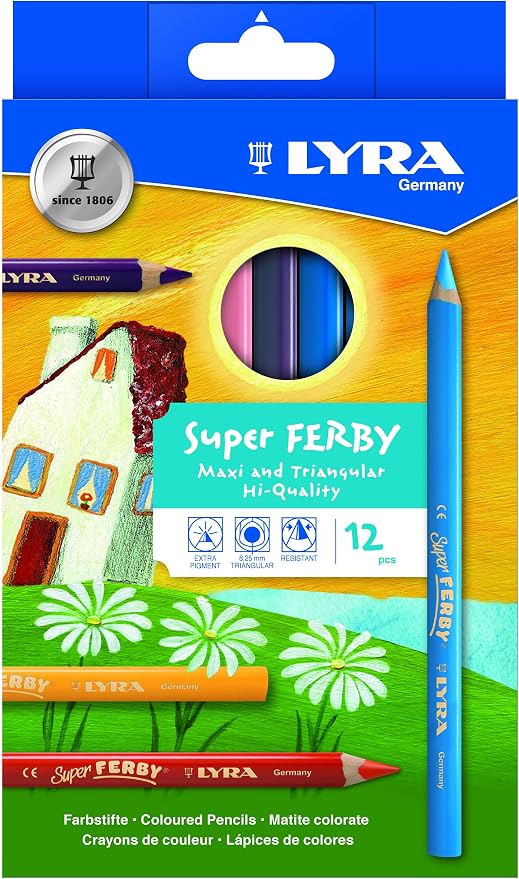 Lyra Super Ferby Giant Triangular Colored Pencil, Lacquered, 6.25mm Lead Core, Set of 12 Pencils, Assorted Colors (3721120)