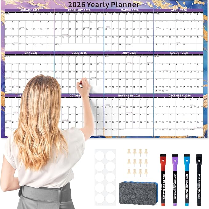 Ospelelf Large Dry Erase Wall Calendar 2026-2027 - 32'' x 48'' Yearly Laminated 2 Year Family Calendar for Office, Use Jan 2026 - Dec 2027 ((Marble)