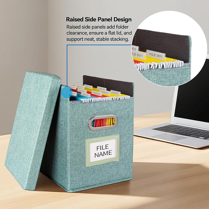 2 Pack Hanging File Folders Organizer with Lid, Letter Size Fabric File Storage Box Collapsible, Portable Office Document Holder with Metal Handle, Smooth PVC Rails, Green