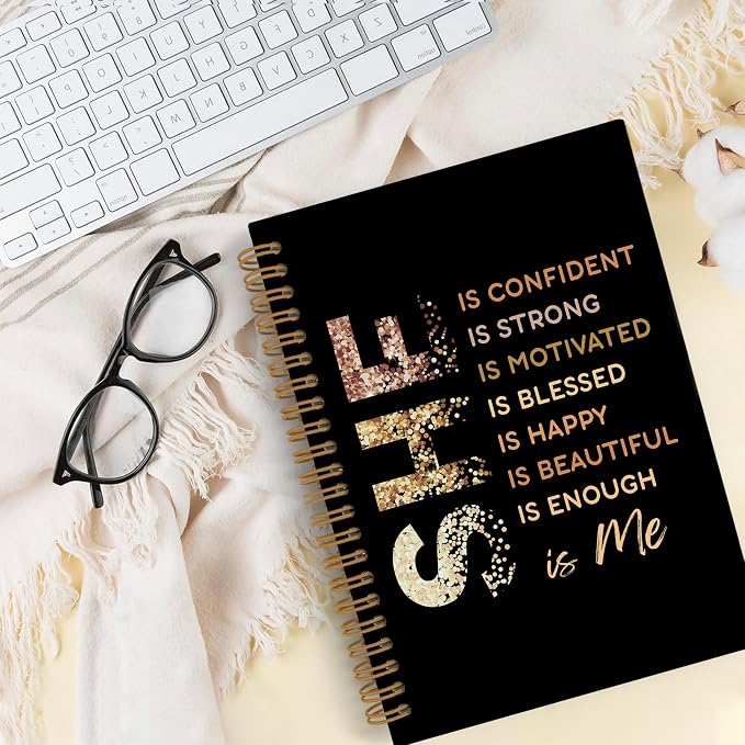 QLMX Gold She Is Me Affirmations Spiral Notebook, Inspirational Self Care A4 Journal Notebook, Self Love Notebooks for School Work, Positive Office Supplies Gifts for Women Girls Friends, 8.3x11.7 In
