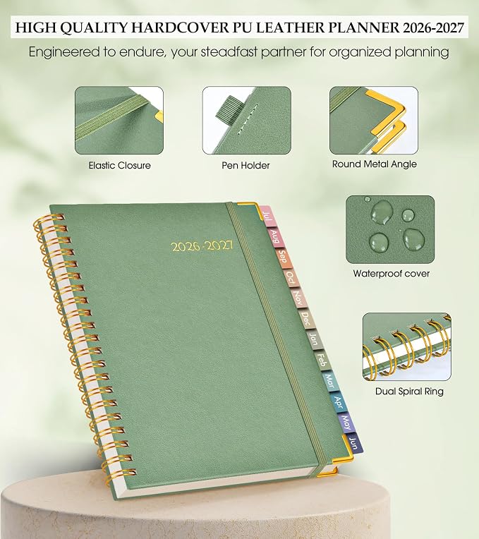 2026-2027 Appointment Book, Academic Weekly and Monthly Calendar Planner from July 2026 - June 2027, A4 8.5" x 11" Hardcover Leather Hourly Daily Planners with Tabs, College School Organizer for Student Teacher, Green