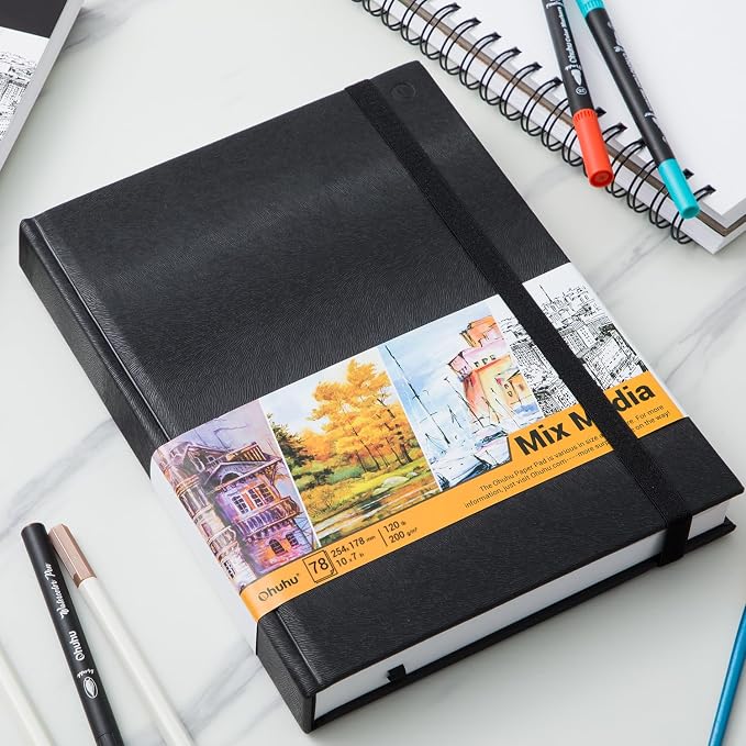 Ohuhu Mix Media Pad, 10" x 7" Mixed Media Art Sketchbook, 120 LB/200 GSM Heavyweight Papers, 78 Sheets/156 Pages, PU Hardcover Mixed Media Paper Pad for Acrylic, Painting Christmas Gift