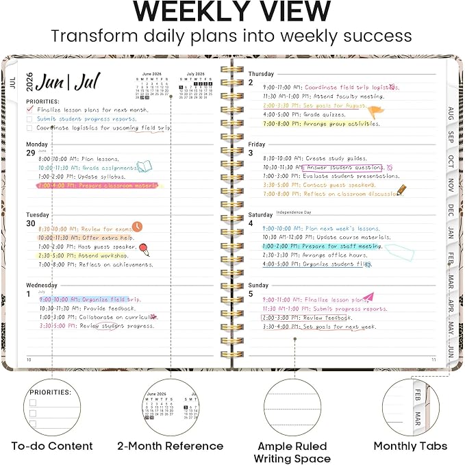 Academic Planner 2026-2027, Weekly and Monthly Calendar Book, July 2026 – June 2027, Hardcover Planner with Tabs, Perfect for Teachers, Students, Women & Men, A5 (6.4" x 8.5") - Owl