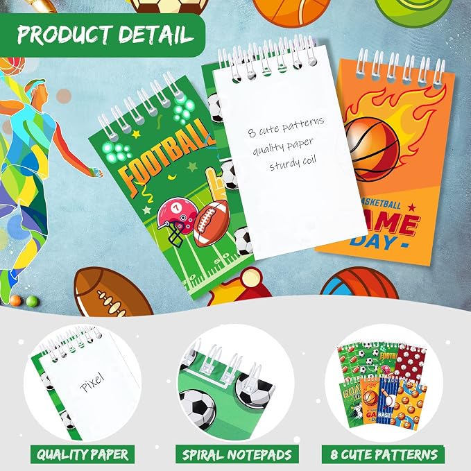 Pajean 24 Pieces Sports Mini Notepads, Sports Party Favors Spiral Journal Basketball Baseball Football Ball Notebooks for Goodie Bags Stuffers 2.36 x 3.94 Inches