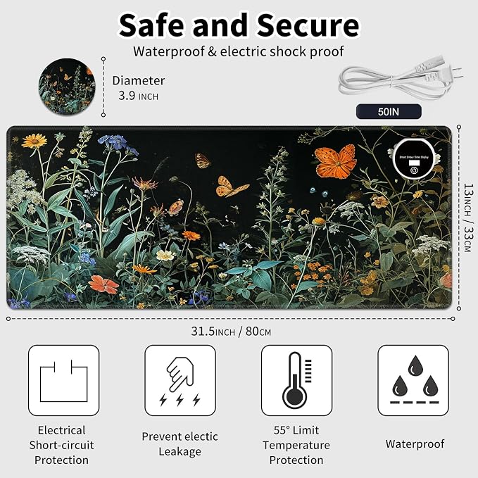 Warm Desk Pad,Heated Desk Pad,Office Mat,3 Heating Levels & 3 Hours Auto Shut-Off,31.5"*13" Gaming Mouse Laptop Keyboard Leather Desk Mat,Floral Plant Butterfly