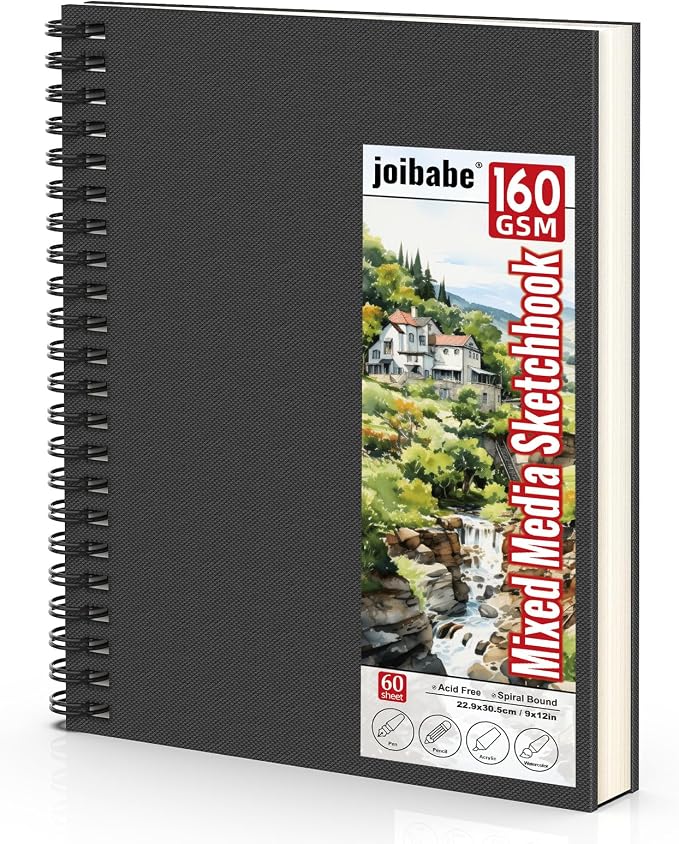 joibabe Spiral Bound Mixed Media Sketchbook, 160 GSM/98LB Heavyweight Acid Free Paper, 60 Sheets, 9x12 Inch Art Notebook for Drawing, Watercolor, Acrylic, Sketching, 1 Pack