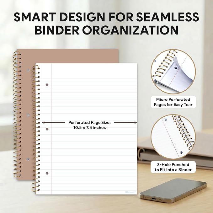 Decorably 5-Pack 140 Pages Gold Foiled Spiral College Ruled Notebook Set | 8x10.5in Spring Bound, 3-Hole Punched and Easy Tear-Off Perforated Design, Lined Pages - Work, School, Office