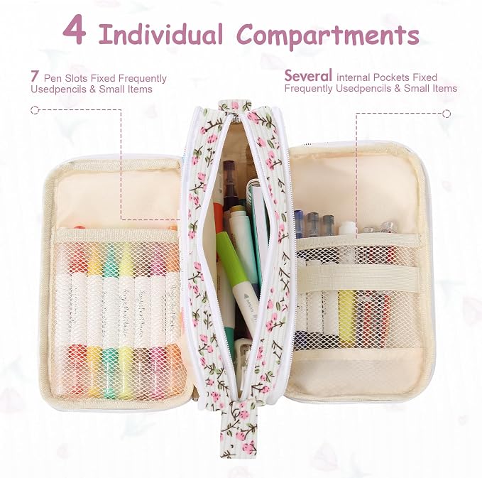 BuyCard Big Capacity Pencil Pouch, Pink Floral Corduroy 4-Compartment Pen Bag, Aesthetic Stationery Organizer for Teen Girls Women, Must-Have for Teacher, Makeup & Electrical Goods Storage Case