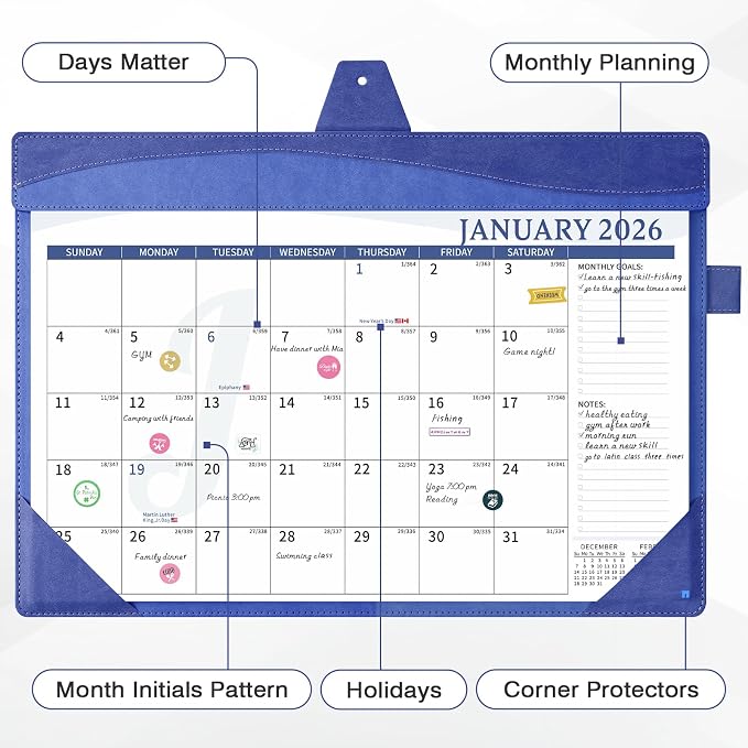 Ospelelf Leather Wall Calendar 2026-2027 with Storage Pocket, 12"x17" Monthly Large Desk Planner Pad with Protective Cover and Sticker, for Family Fridge Office Teacher Student, 18 Months January 2026 - June 2027 Navy Blue