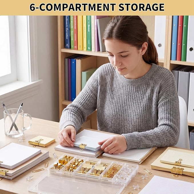 BESARME Gold Paper Clips and Binder Clips Set, 279 Pcs Gold Desk Accessories Assorted Office Essentials in Organizer Box for Office School Home Paper Sorting Note Pinning