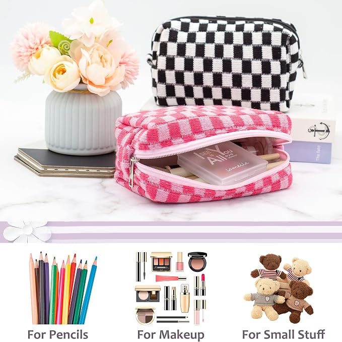 Checkered Makeup Bag for Purse, Small Cosmetic Pouch,Green Hotpink,2 Pack | Cute Zipper Makeup Organizer for Women, Travel Essentials, Toiletries, Makeup Brushes, Beauty Accessories&Bridesmaid Gifts