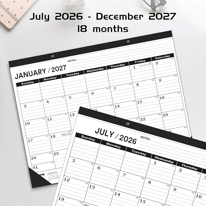 Desk Calendar 2026-2027 large 22 x17 (July 2026-December 2027) 2026-2027 Desk Calendar Large 22 x17,Classic Black Calendar 2027,Calendar 2027 with Plastic Cover