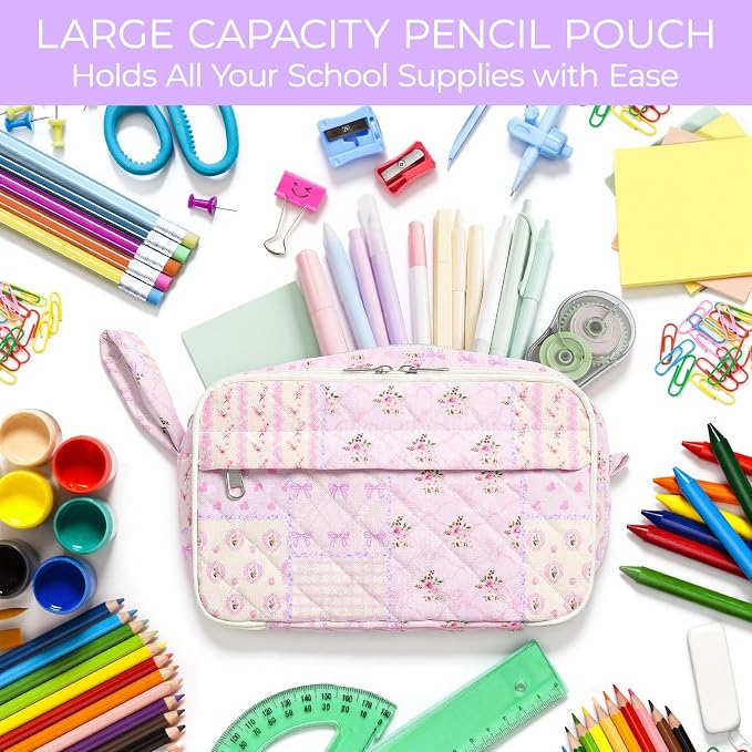 WOBAGMEN Quilted Pencil Pouch for Girls Women, Large Pencil Case Pouch with Compartments Cute Aesthetic Pencil Case Organizer, Floral Pencil Bag for School Supplies (pink pin)
