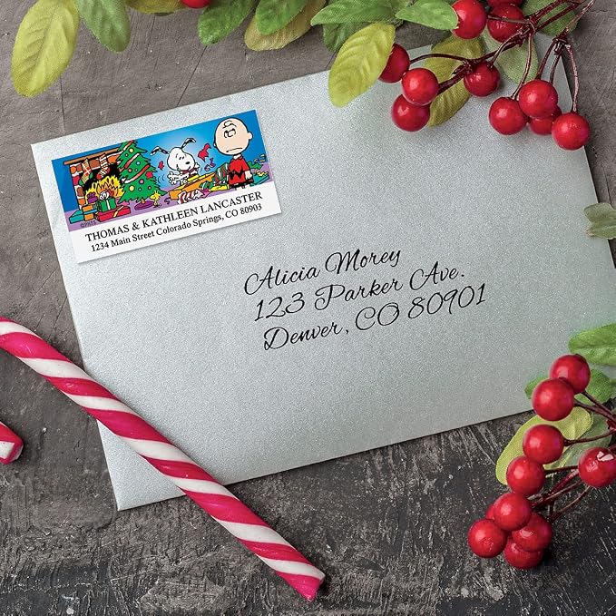 Colorful Images Peanuts Return Address Mailing Labels | Christmas Fun , 144 Count, Self-Adhesive on Flat-Sheet Labels, Customize with Name & Shipping Address