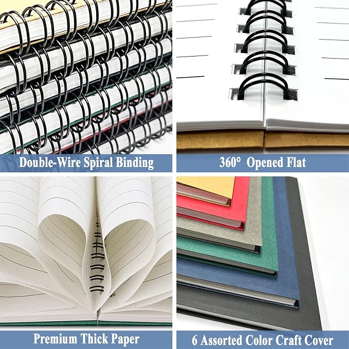 6Pack Spiral Notebook, 5.7x8.3” Small Notebooks for Work 120 Page Note Pads | A5 Multi Pack Spiral Bound College Ruled Notebook Journal for Writing Kraft Cover Lined Notepad for Office School Journaling