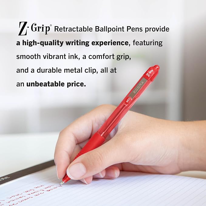 Zebra Pen Z-Grip Retractable Ballpoint Pen, Smooth-Flowing Red Ink, 1.0mm Medium Point, School & Office Supplies, Ideal for Note-Taking, Journal and Planner Use, 18-Pack (22318)