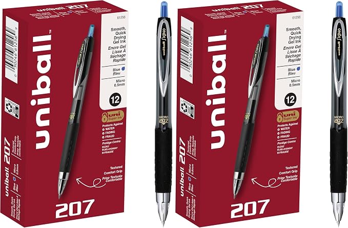 uniball 207 Retractable Gel Pens, Micro Point (0.5mm), Blue, 12 Count (Pack of 2)