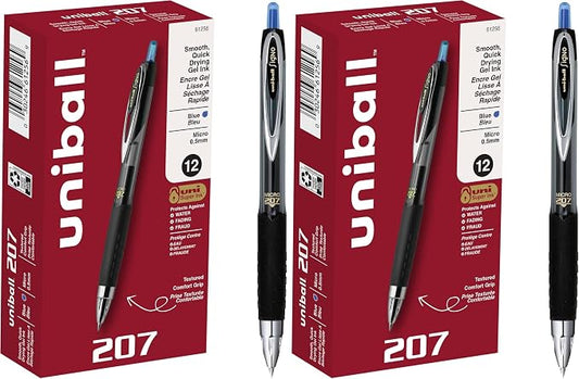 uniball 207 Retractable Gel Pens, Micro Point (0.5mm), Blue, 12 Count (Pack of 2)