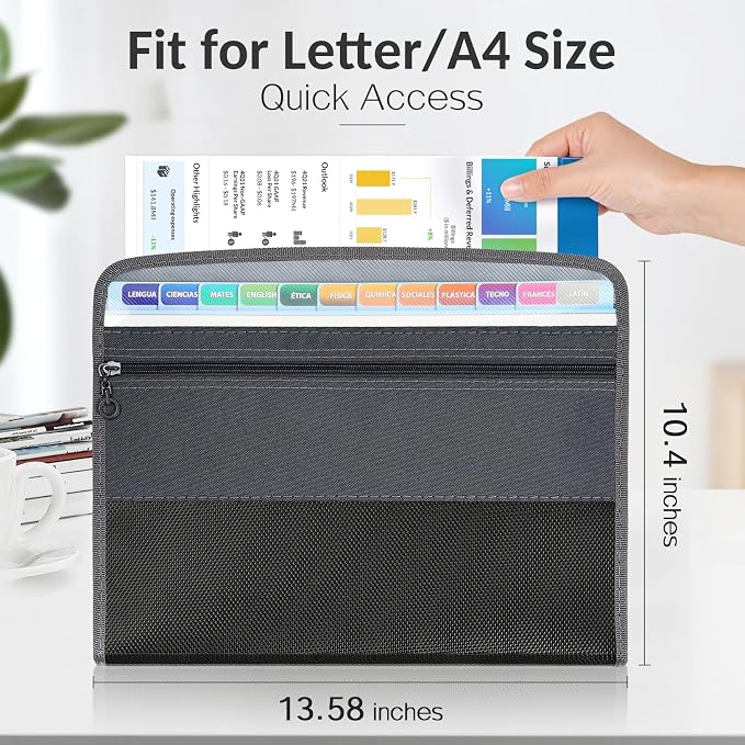 Sooez Accordion File Organizer with Safe Zipper, 12 Pocket Expanding File Folder with Front Pencil Pouch, Portable Monthly Paper Bill Tax Receipt Organizer, School Office Supplies, Letter Size, White