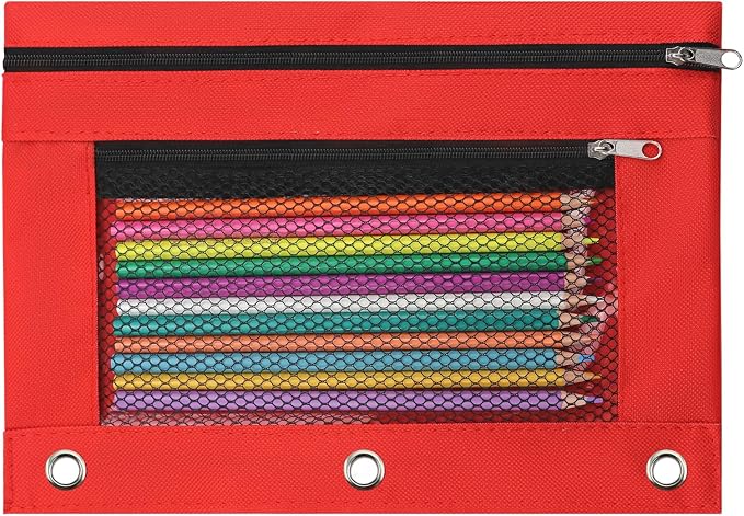 Pencil Pouch for 3 Ring Binder, Pencil Case Bag with Zipper, 600D Fabric Pencil Pouch Holder Accessories, Clear Window Pencil Case Aesthetic Back to School Organizer Pockets for Boy Girl (Red)