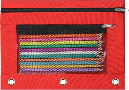 Pencil Pouch for 3 Ring Binder, Pencil Case Bag with Zipper, 600D Fabric Pencil Pouch Holder Accessories, Clear Window Pencil Case Aesthetic Back to School Organizer Pockets for Boy Girl (Red)