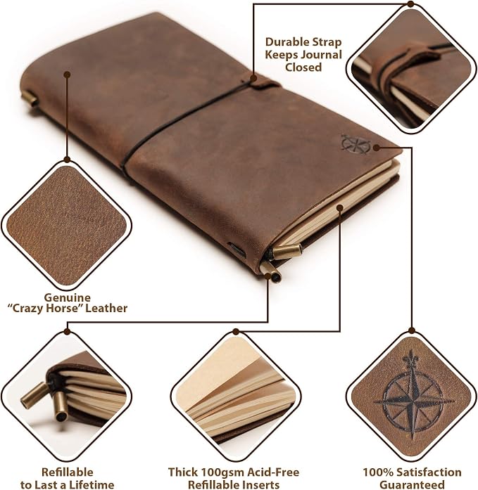Wanderings Pocket Travelers Notebook – Refillable Genuine Leather Passport Size Journal – 4" x 5.25" (10 x 13.5cm) – Handcrafted – 80 GSM Blank Inserts – Small Travel Journal