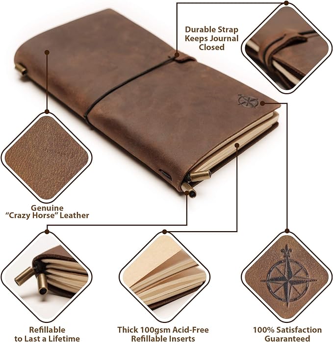 Wanderings Standard Size Travelers Notebook/Handcrafted Genuine Leather Journal - 4.75" x 8.5" (12 x 22cm) - Refillable Travel Journal - 100 GSM Blank Inserts