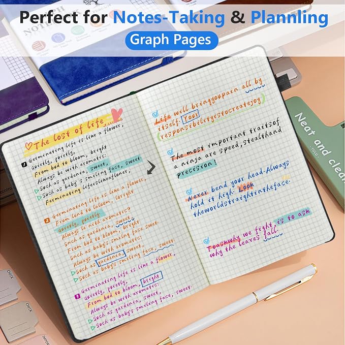 PERCUN A5 Graph Paper Notebook, Leather Journal, 160 Pages Grid Notebook | 5.9"x8.5" hardcover journal with quad ruled paper for work, school, writing, notes, journaling and daily planning.