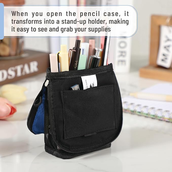 Mr. Pen- Standing Pencil Case Pouch, Sit & Lay Mesh-View Design | Black & Blue, Interior Pocket & 2 Elastic Binder Loops, Cute Pencil Case for Girls and Boys